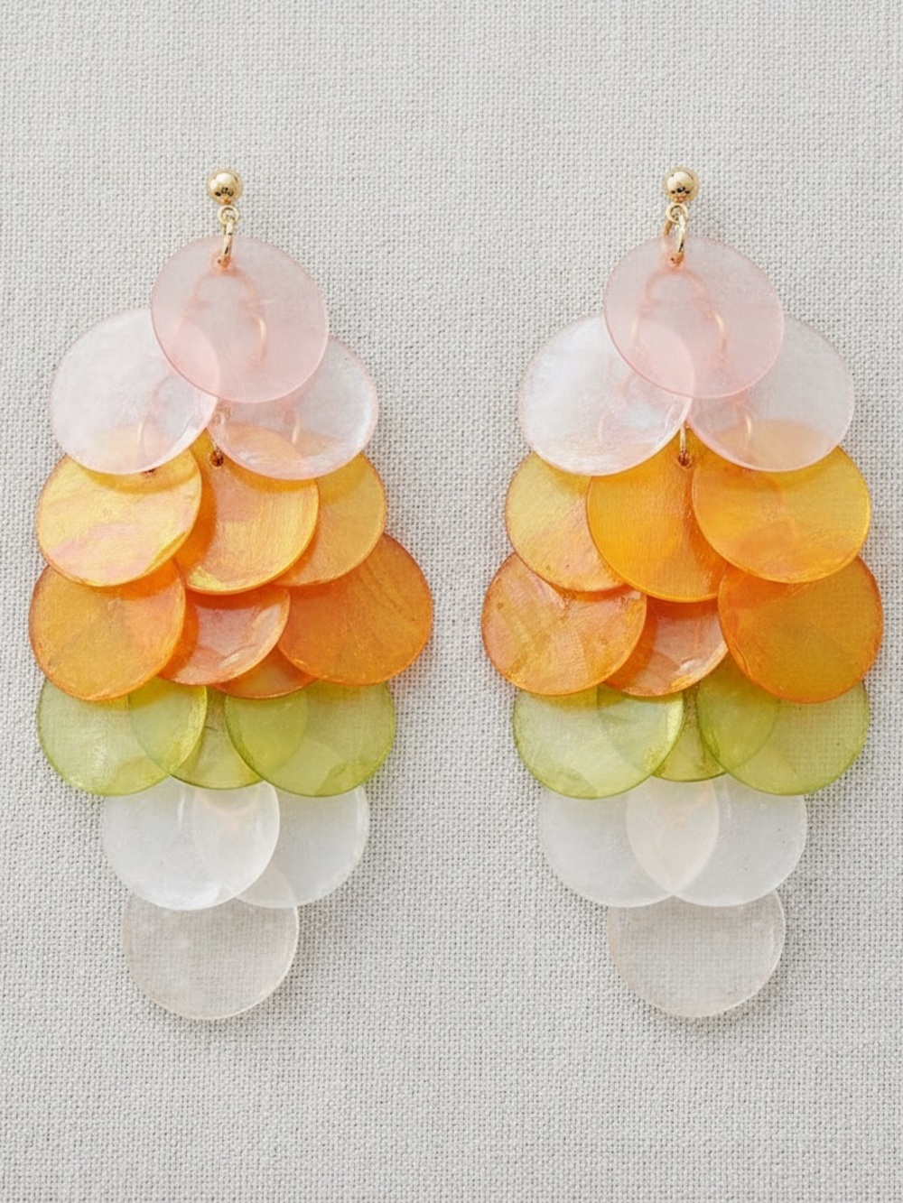 Ocean Inspired Bohemian Disc Drop Earrings in Pink, Orange, Green, and White
